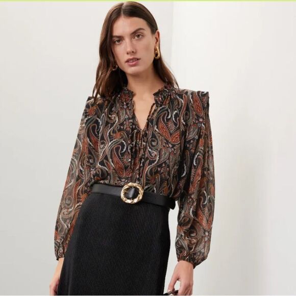 Misa Los Angeles Helena print Black Brown Puff sheer peasant Blouse NWT XXS